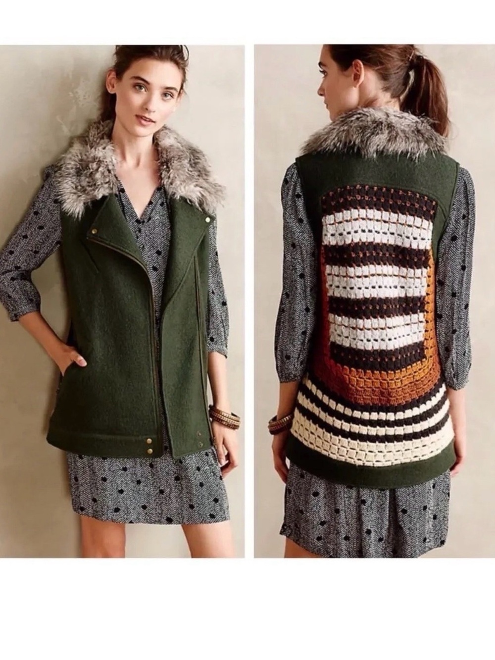 Anthropologie Olive Green Faux Fur-Collar Knit-Back Vest